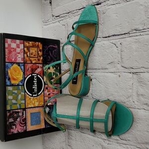 UNLISTED Sandals Open Wide 30248 Emerald Satin Strappy 1" heel NIB Deadstock